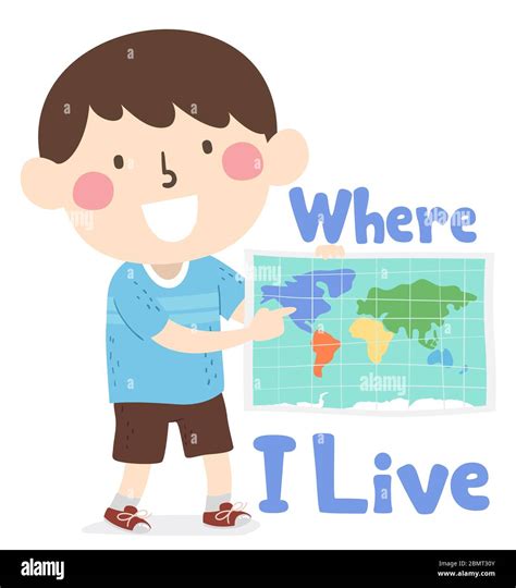 Ilustración De Un Niño Usando Un Mapa Y Señalando El Lugar Donde Vive