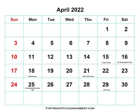 Free Printable April Calendar 2022 With Holidays In Pdf