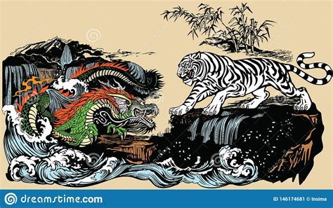 Tiger Versus Chinese Dragon In The Yin Yang Symbol Black And White