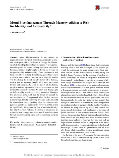 Moral Bioenhancement Through Memory Editing A Risk For Identity And