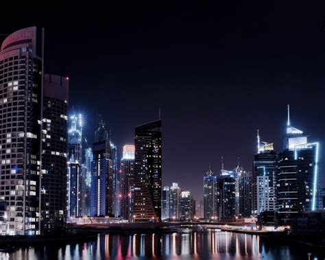 Dubai City Night Lights River Skyscrapers Wallpaper 1280x1024