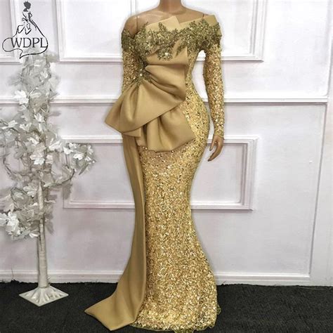 Aso Ebi Gold Mermaid Evening Dresses Long Sleeves Lace Appliques