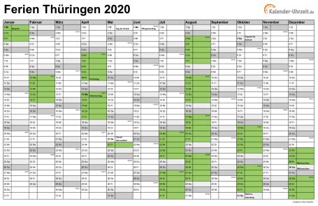 Das jahr 2021 hat 52 kalenderwochen und beginnt am freitag, den 1. Ferien Thüringen 2020 - Ferienkalender zum Ausdrucken