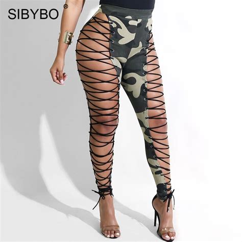 Sibybo Camouflage Print Lace Up Skinny Sexy Pants Women High Waist Hollow Out Summer Women