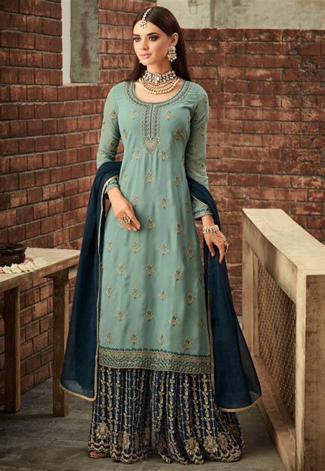 Embroidered Georgette Pakistani Suit In Dusty Green Kch2305