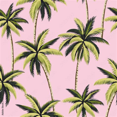 Tropical Green Palm Trees Floral Seamless Pattern Pink Background