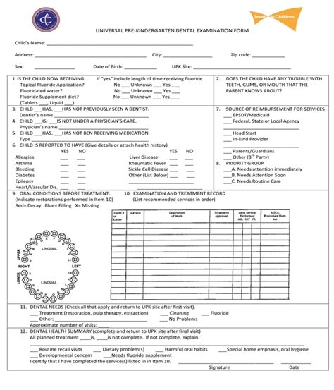 Printable Dental Examination Form