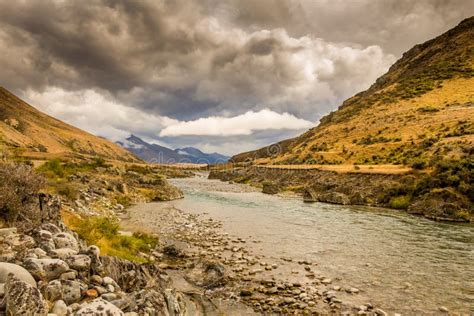 A Mountain Landscape And River On A Cloudy Day In New Zealand Near