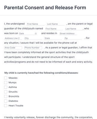 Parental Consent And Release Form Template Jotform