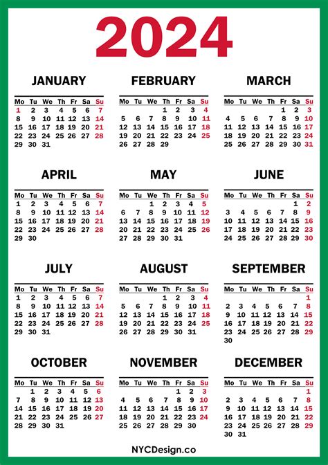 2024 Calendar Printable Free Green Red Monday Start