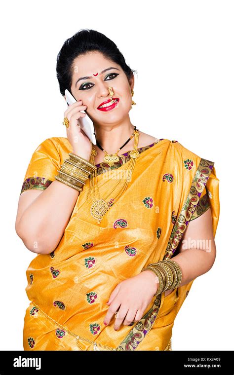 Indian Traditional Marathi Woman Housewife Talking On Cell Phone Stock