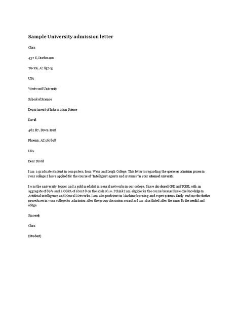 Letter Of Admission Template Format Sample And Example Formal Letter