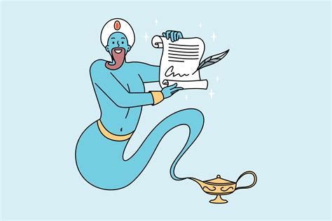 Blue Genie From Golden Bottle Holding Paper Granting Wishes Jinn With