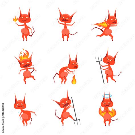 Cartoon Characters Devil Horned Monster Set Vector Stock Vector