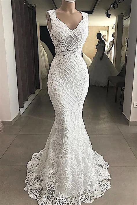 Intricate Lattice Lace Sleeveless Mermaid Wedding Dress Vq