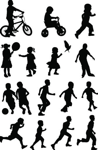 Black Silhouettes Of Children At Play On White Background