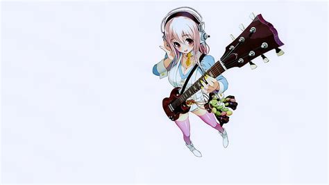 Sonico Blushing Anime Girl Red Eyes Guitar Pink Hair Anime Smile