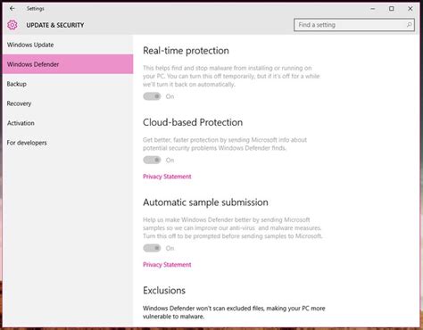 Windows 10 Settings Menu The Update And Security Tab Windows Defender