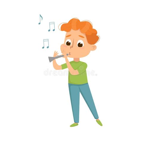 Funny Boy Standing And Playing Flute Vector Illustration Stock Vector