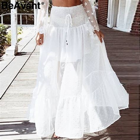 Beavant Casual Dot Mesh Lace Women Skirt Elastic White High Waist Long