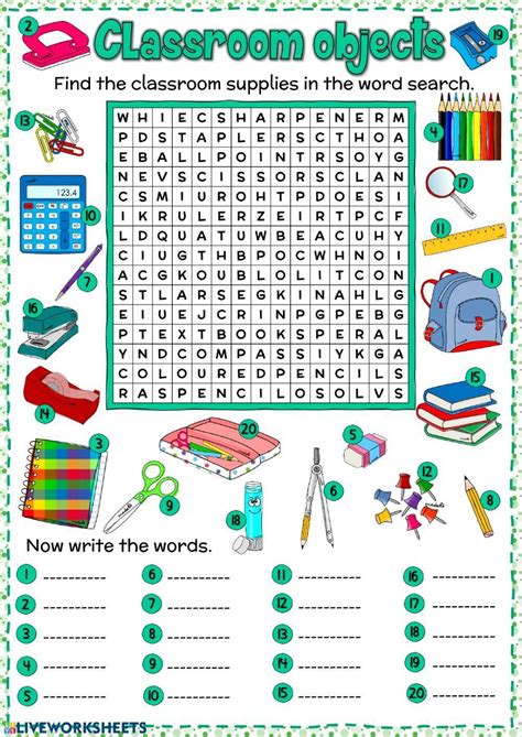 Classroom Objects Word Search Worksheet Live Worksheets