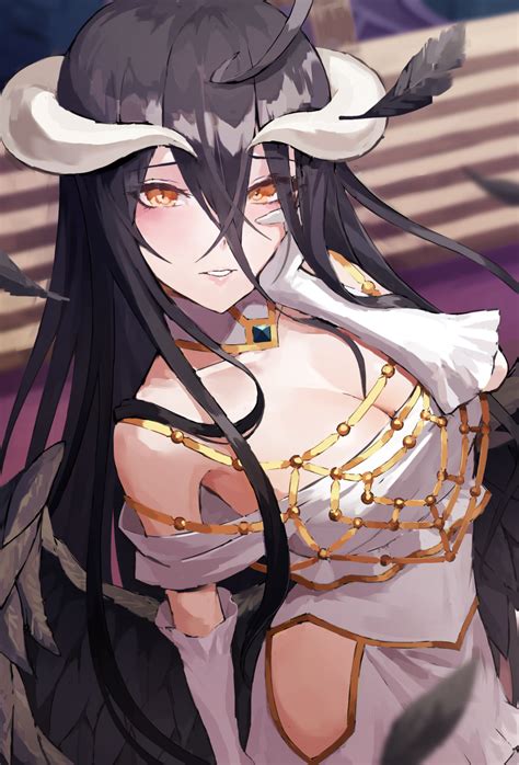 fagi kakikaki albedo overlord overlord maruyama highres 1girl ahoge black feathers