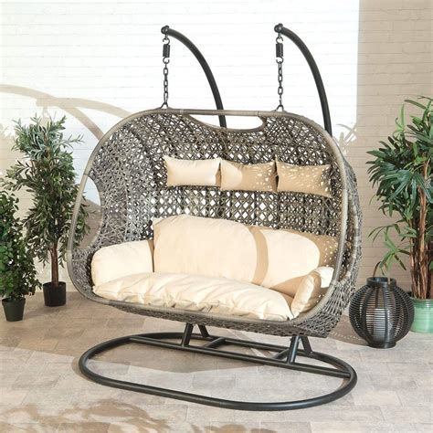 3 Person Hanging Swing Cocoon Chair With Cushion And Stand Garden