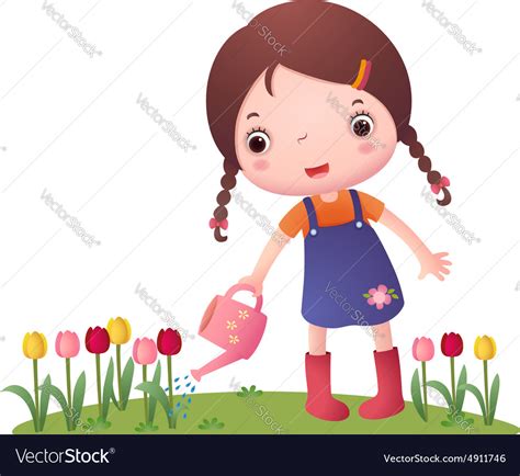 Little Cute Girl Watering Flowers Royalty Free Vector Image
