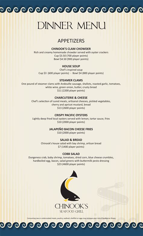 Chinook's Seafood Grill menus in Lincoln City, Oregon, United States