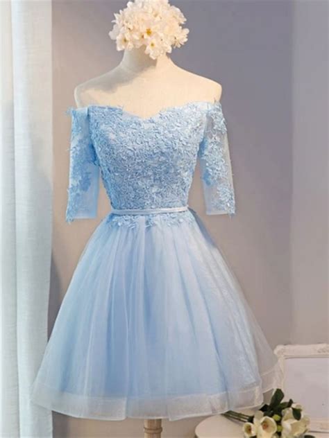 A Line Off Shoulder Light Blue Lace Knee Length Short Prom Dresses Of
