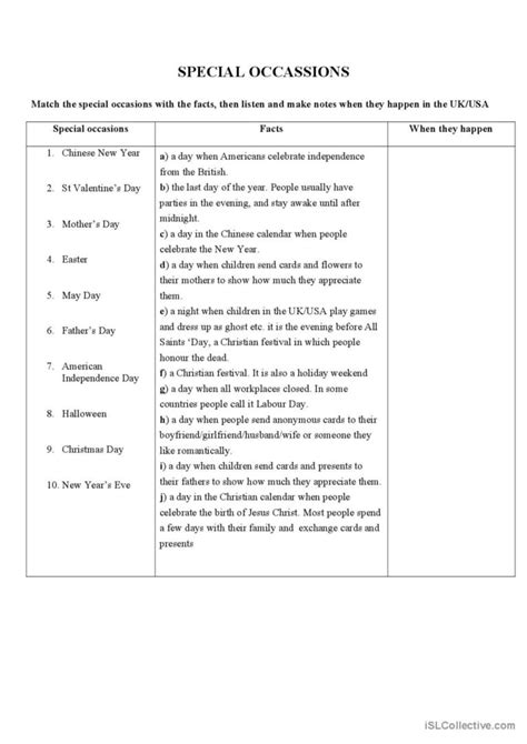 Special Occasions English Esl Worksheets Pdf And Doc