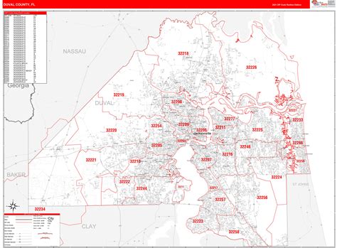 Duval County Fl Zip Code Wall Map Red Line Style By Marketmaps Mapsales