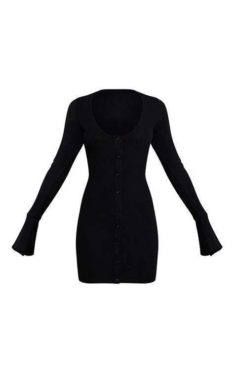 Black Brushed Rib Plunge Flare Sleeve Shirt Dress Prettylittlething Usa