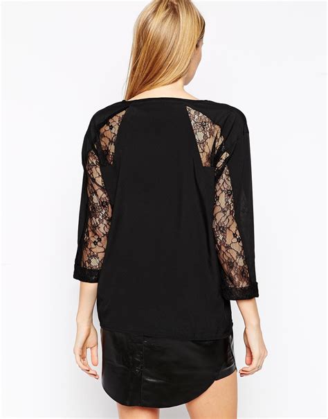 Lyst Yas Long Sleeve Shirt With Lace Arm Inserts In Black