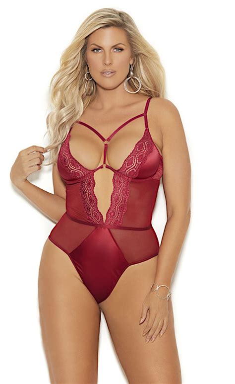 Plunging Satin And Lace Teddy Plus Size Elegant Moments Lingerie Holiday Valentine