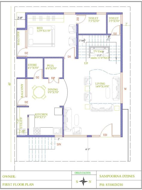 30x40 East Facing Duplex House Plan For First And Second Floor One