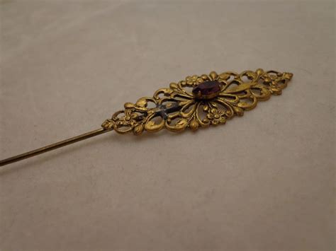 Antique Victorian Hat Pin Filigree With Amethyst And Flowers From
