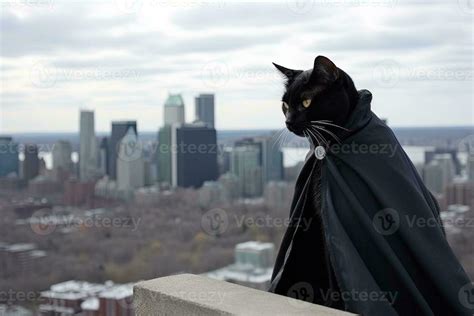 Gato Enmascarado Justiciero Superhéroe Vistiendo Un Negro Capa Y