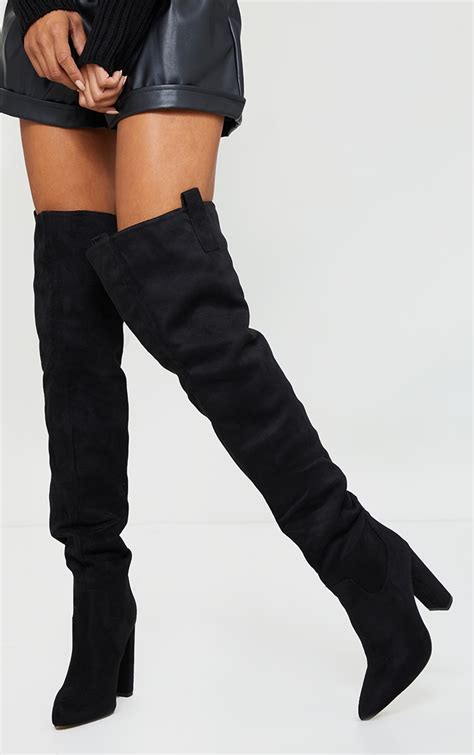 black faux suede flat block heel over knee boots prettylittlething
