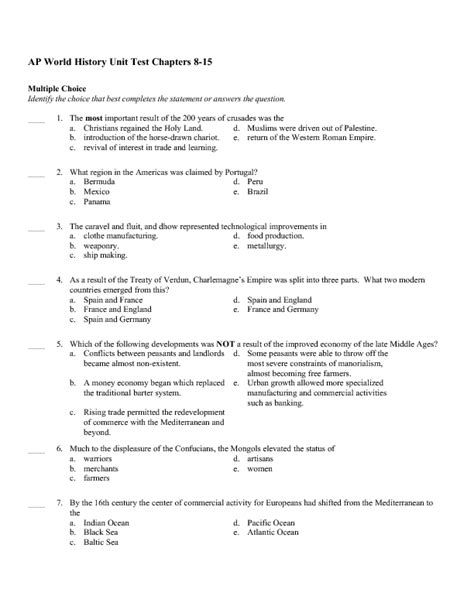 Ap World History Unit Test Chapters 8 15 Worksheet For 9th