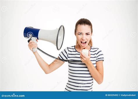 Young Woman Shouting Into Loudspeaker Stock Photo Image Of Bullhorn