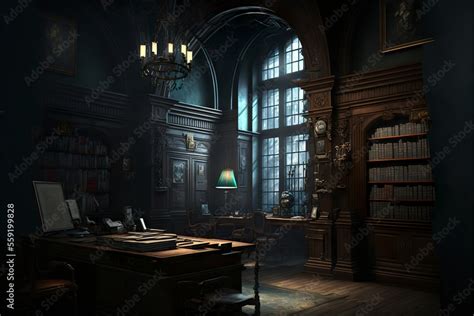 Gothic And Victorian Style Office Room In Mansion Interior Stock