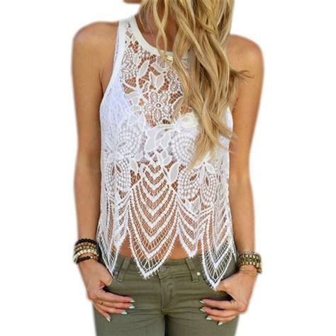 Elegant White Lace Tank Tops Summer Beach O Neck Tops Sexy White Party