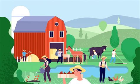 Premium Vector Cartoon Farm With Farmers Agricultural Workers Work