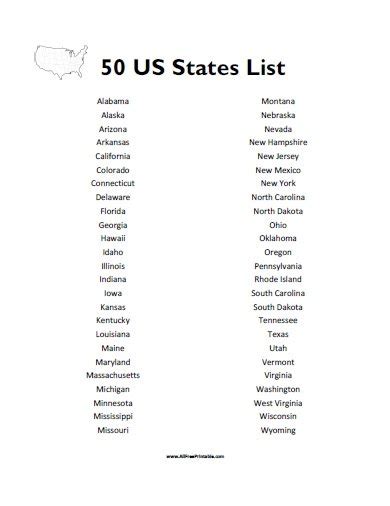 Print List Of Us States Admission Free Printable
