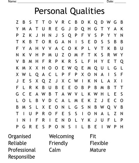 Personal Qualities Word Search Wordmint