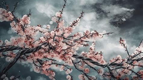 Cherry Blossoms Painting On A Cloudy Night Background Cherry Blossom