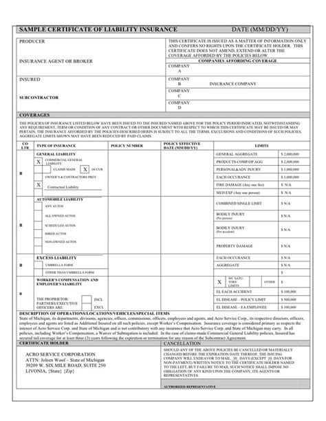 Certificate Of Insurance Acord Form 25 Free Printable 8 Business