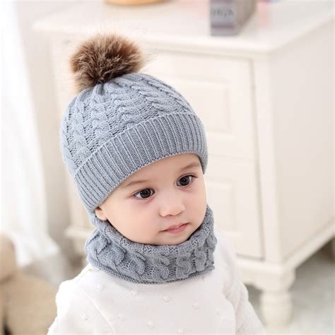 2pcs Baby Hat Scarf Set Winter Warm Boys Girls Solid Knitted Cap With