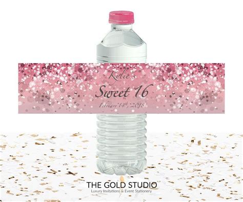 Hot Pink Glitter Sweet 16 Water Bottle Labels Personalized Party Favors
